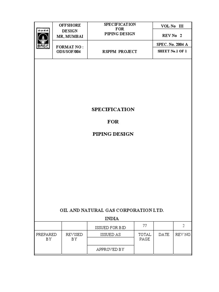 Offshore Piping Design Specification | PDF | Pipe (Fluid Conveyance ...
