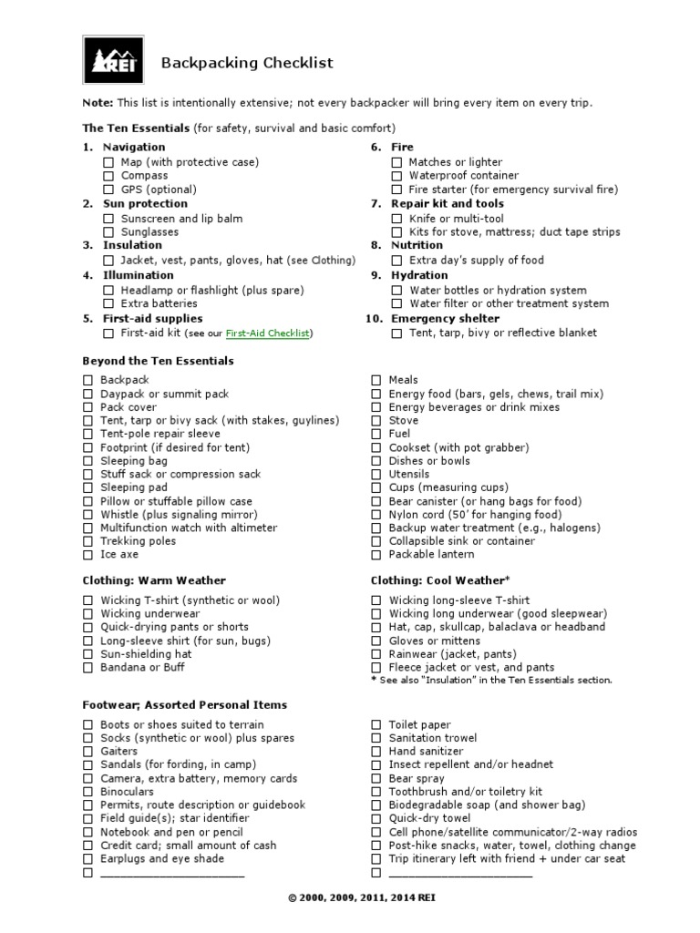 A Backpacking Checklist PDF Backpacking (Wilderness) Consumer Goods