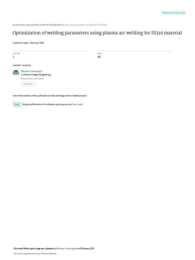 Optimization of Welding Parameters Using Plasma Arc Welding For SS316 ...
