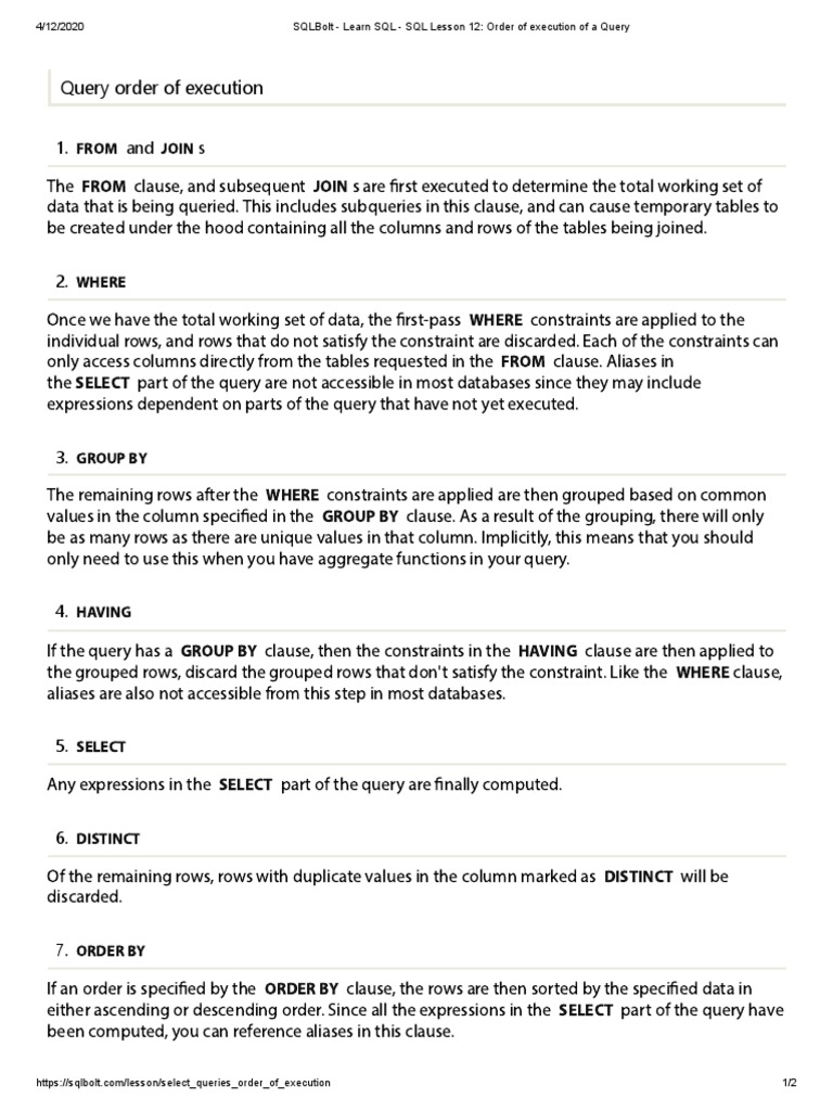 SQLBolt - Learn SQL - SQL Lesson 12 - Order of Execution of A Query ...