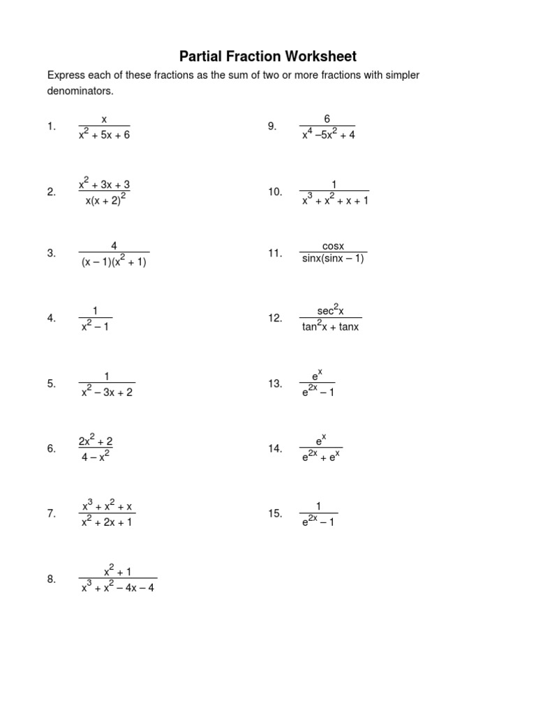 Partial Fractions Worksheet With Solutions