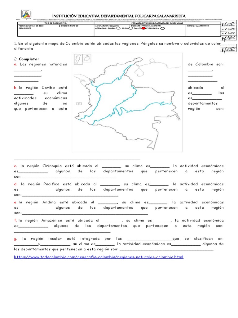 Taller sobre Regiones Naturales de Colombia | PDF | Colombia | Aprendizaje