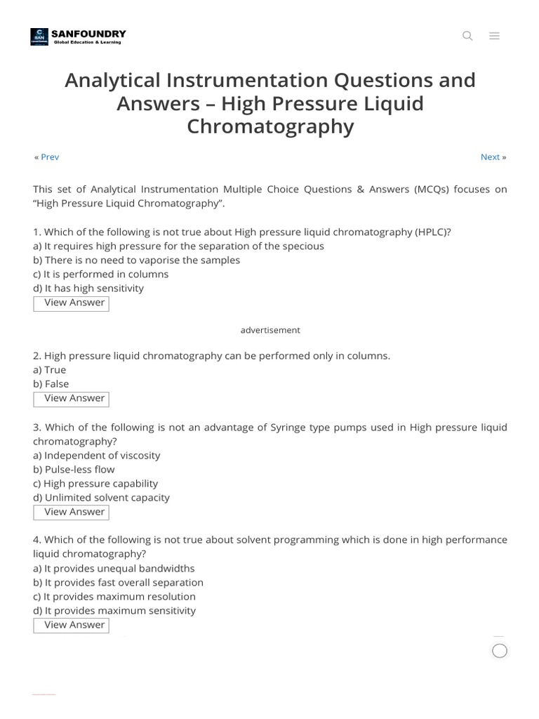 High Pressure Liquid Chromatography Analytical Instrumentation Questions And Answers Sanfoundry High Performance Liquid Chromatography Chromatography