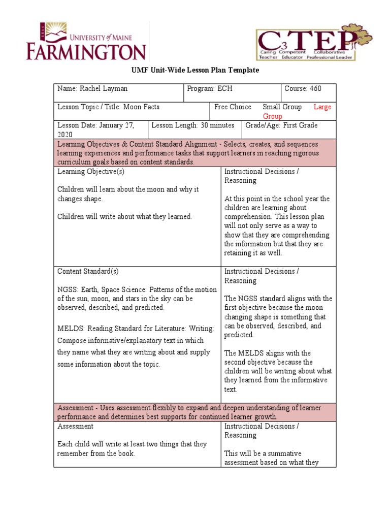 UMF Unit-Wide Lesson Plan Template: Large Group | PDF | Lesson Plan | Moon