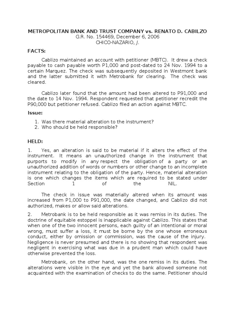 MBTC vs. Cabilzo Bank Liable for Material Check Alteration PDF