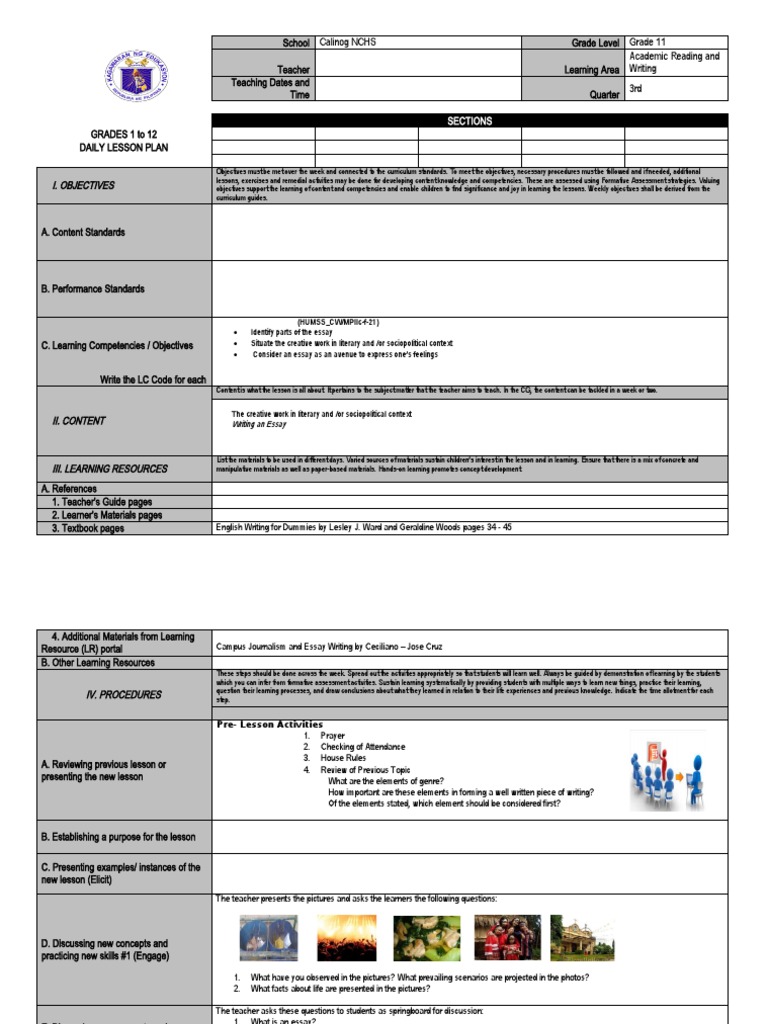 Grade 11 Academic Reading Lesson Plan | PDF | Essays | Learning