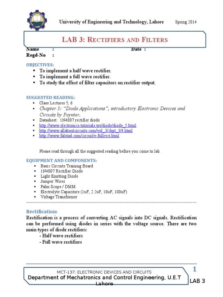 Lab 3: R F: Ectifiers AND Ilters | PDF | Business