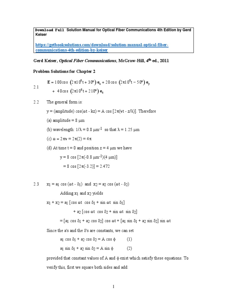 Solution Manual For Optical Fiber Communications 4th Edition by Gerd