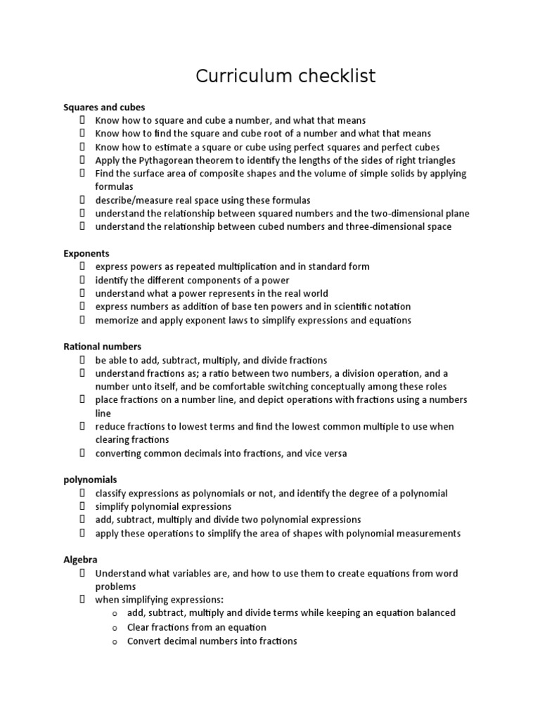 Math 9 Curriculum Checklist PDF Fraction (Mathematics) Numbers