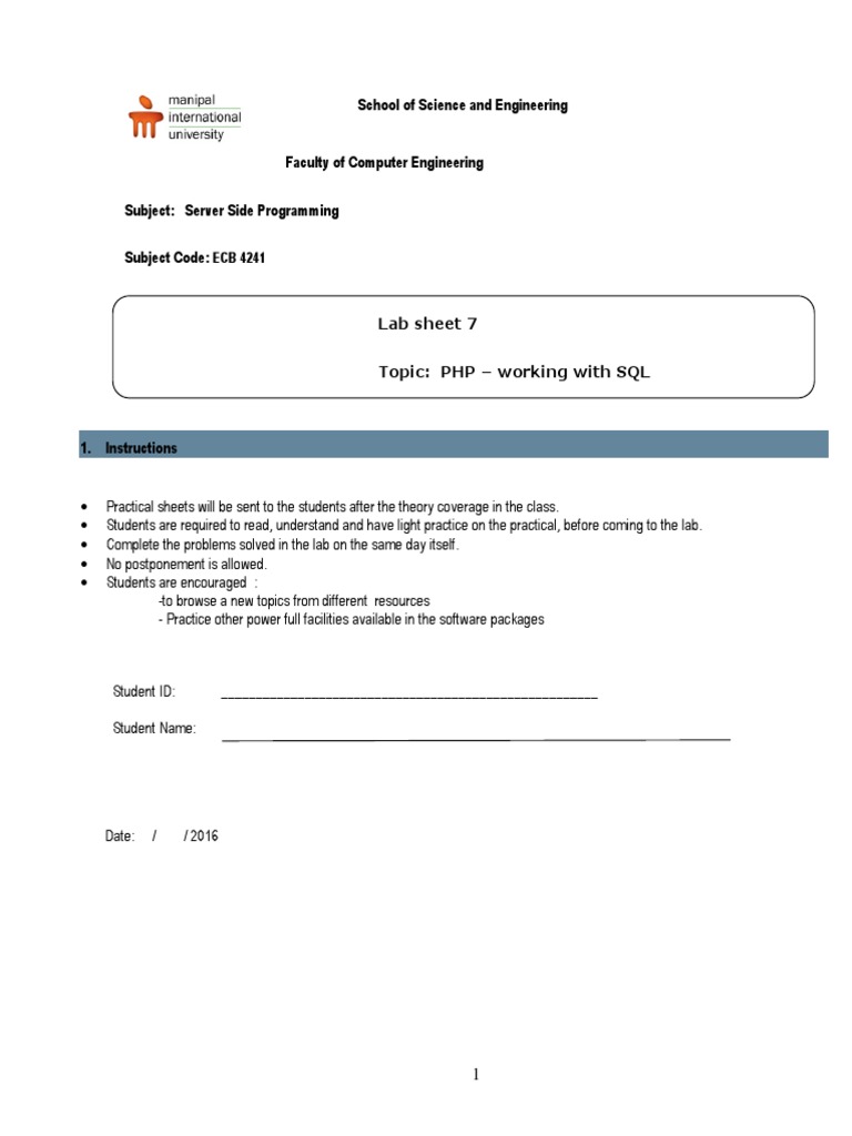 PHP and SQL Lab Instructions | PDF