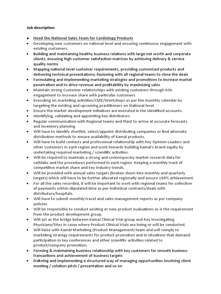 National Sales Head Job Description | PDF | Sales | Marketing