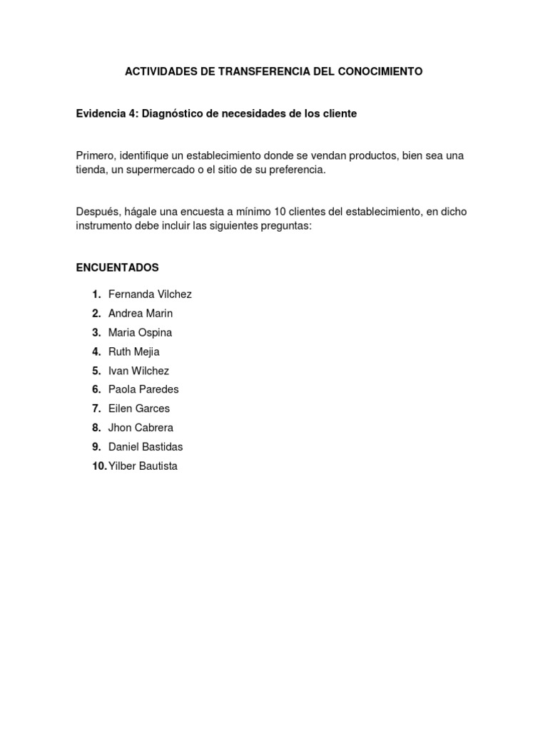 Evidencia 4 Diagnostico de Necesidades de Los Clientes | PDF | Análisis ...