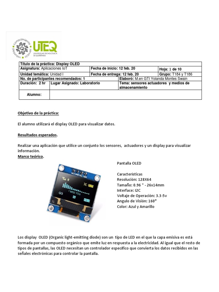 Práctica: Uso de Display OLED | PDF | Oled | Diodo emisor de luz