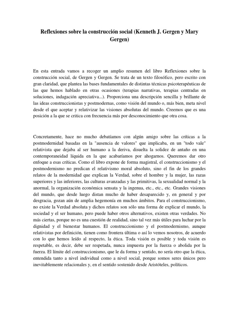 Reflexiones Sobre La Construccion Social PDF Verdad Conocimiento