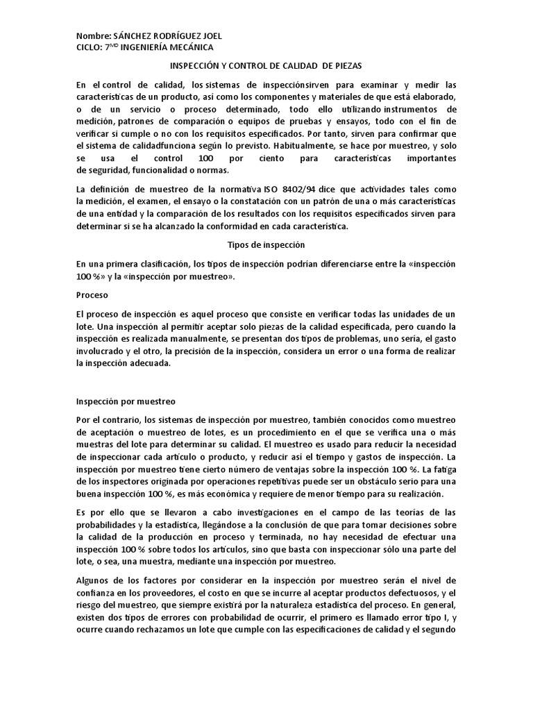 Inspección y Control de Calidad de Piezas | PDF | Muestreo ...