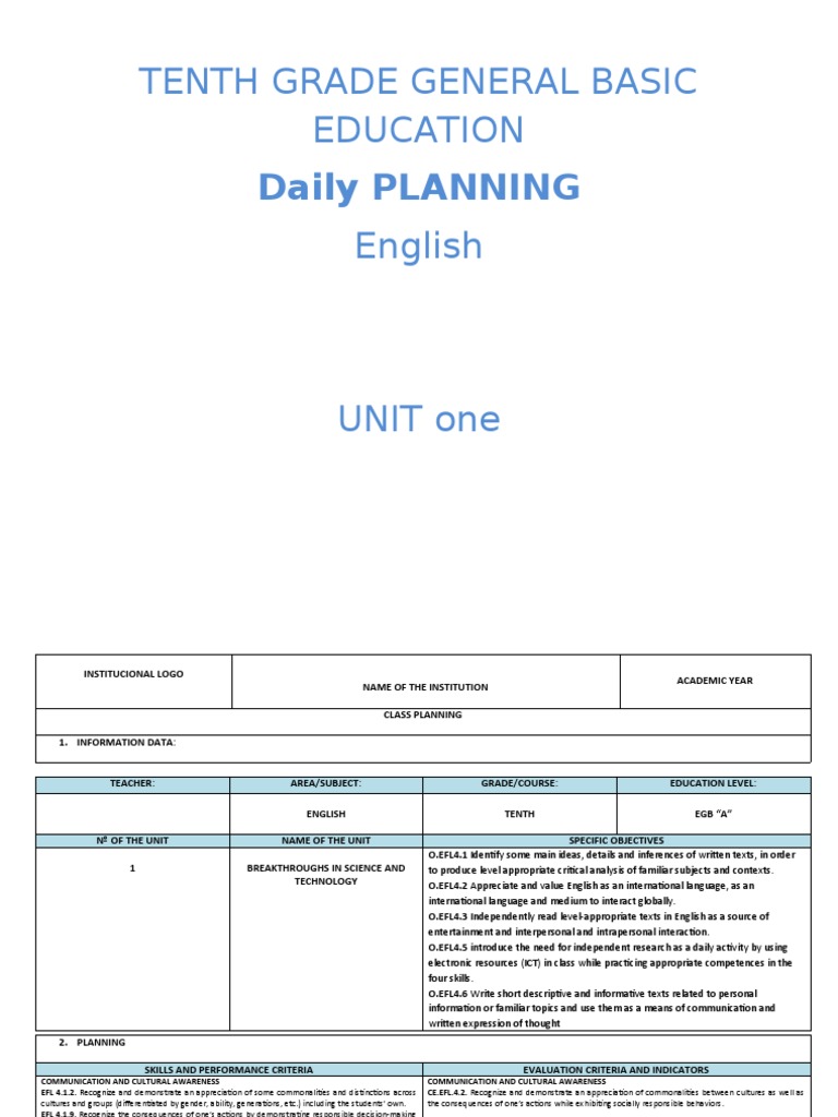 Decimo Plan De De Clase Ingles Pdf English As A Second Or Foreign