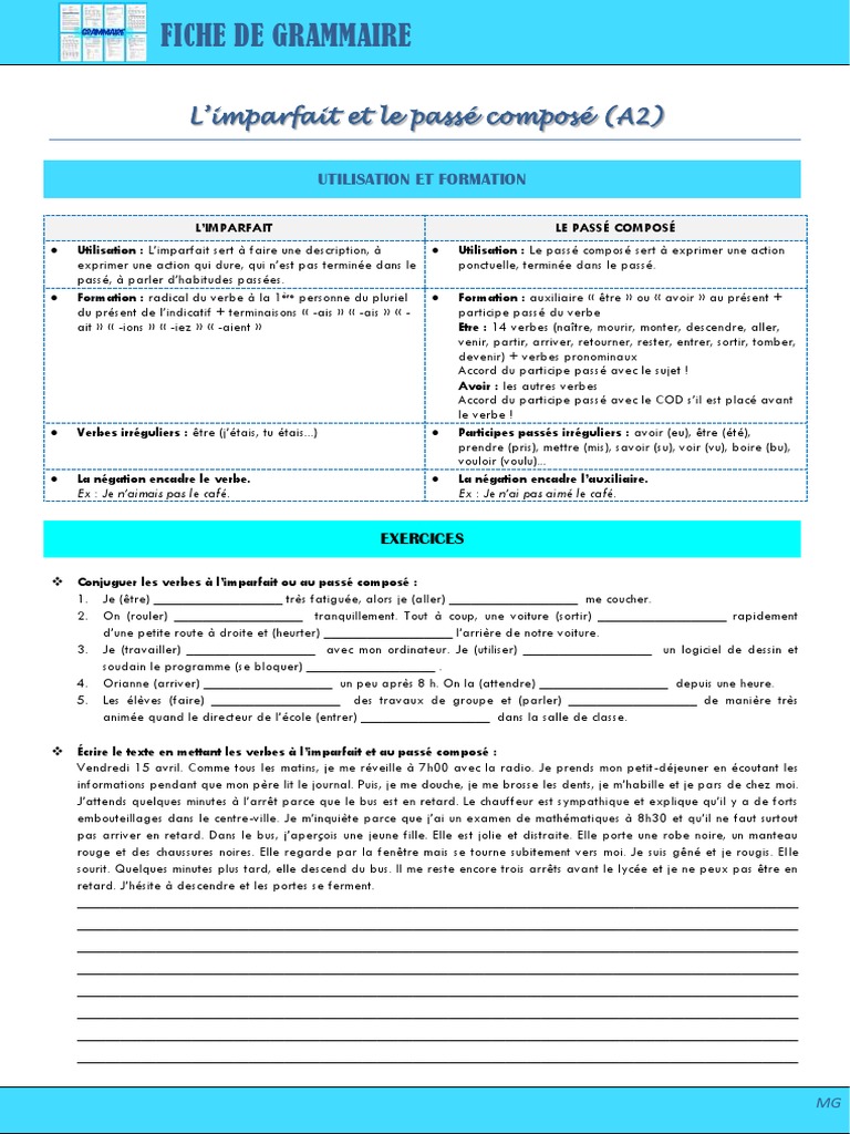 Imparfait et Passé Composé : Guide A2 | PDF | Morphologie | Mécanique ...