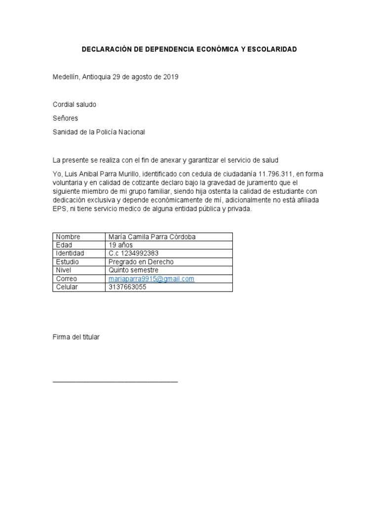 Carta de Dependencia Económica Ejemplo | PDF