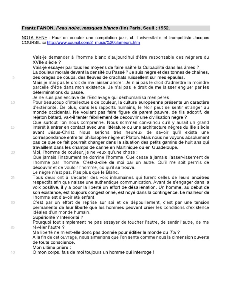 Frantz Fanon Peau noire, masques blancs PDF Sciences sociales