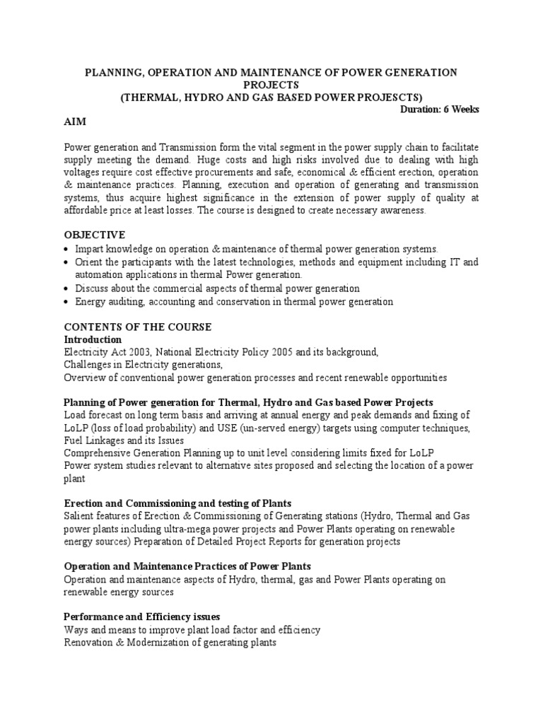 Planning, Operation and Maintenance of Power Generation Projects | PDF ...
