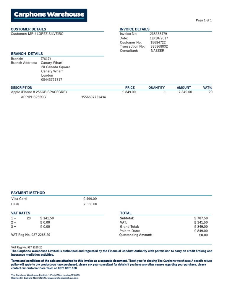 Carphone Warehouse Invoice for iPhone 8 | PDF | Value Added Tax | Invoice