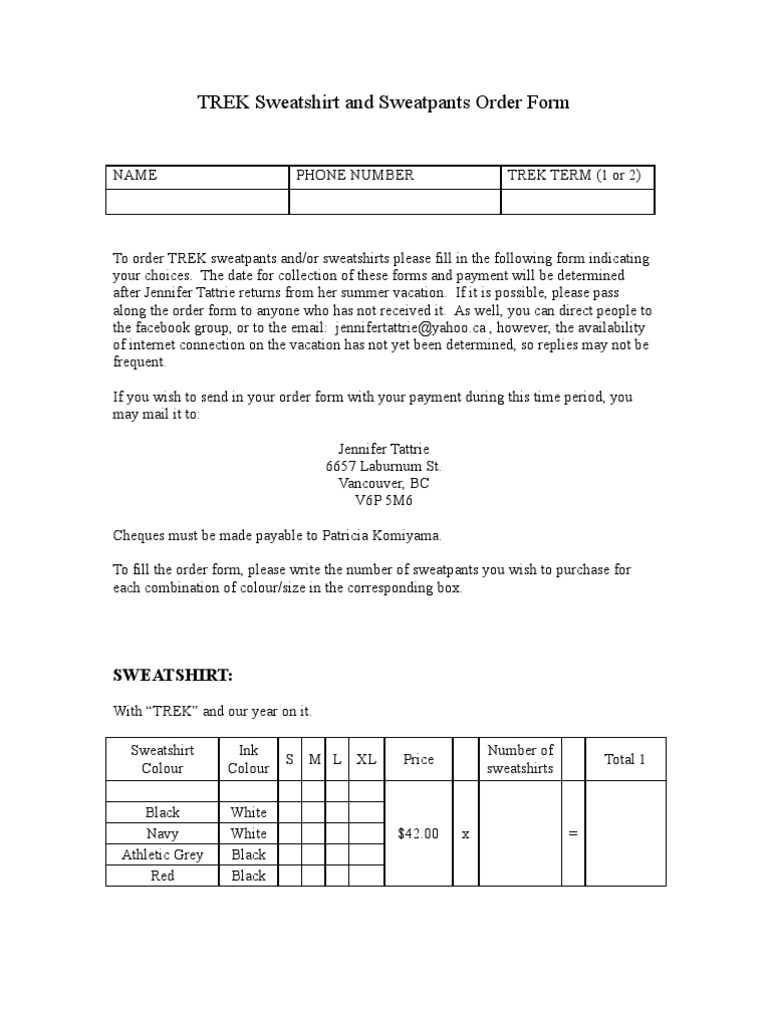 TREK Sweatshirt & Sweatpants Order Form | PDF | Clothing | Business