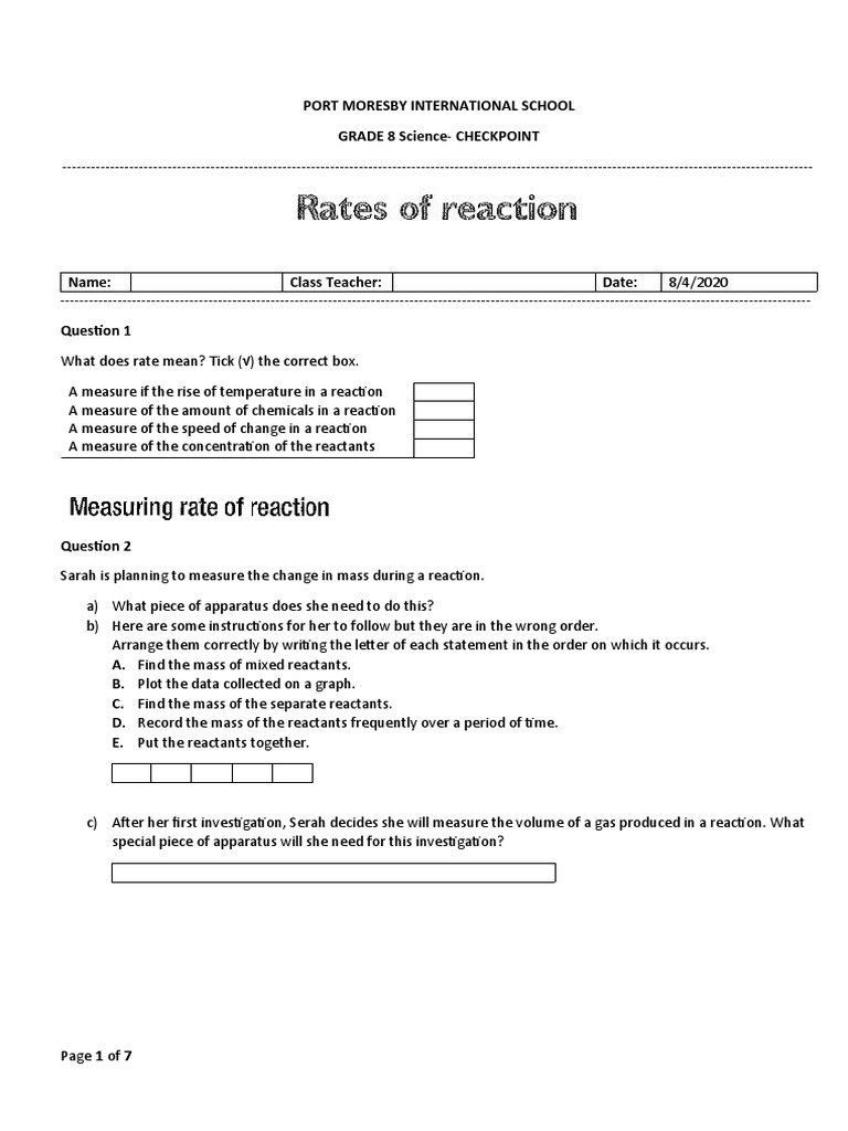 Rates of reaction worksheet