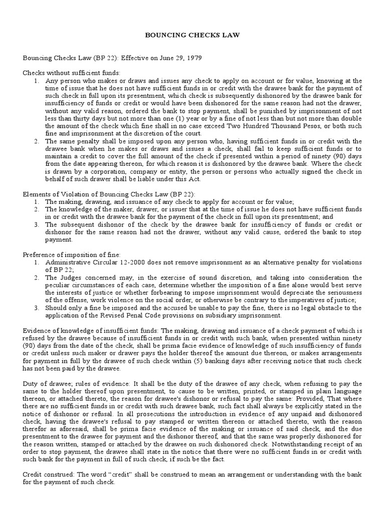 Bouncing Checks Law Overview | PDF | Fine (Penalty) | Cheque