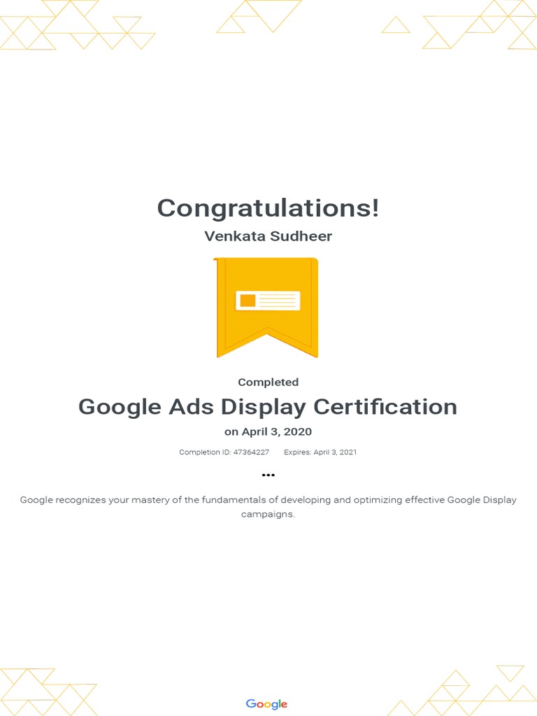 Google Ads Display Certification Achieved | PDF