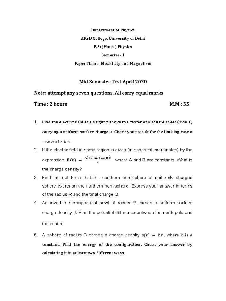 Electricity and Magnetism Midterm Exam | PDF | Electric Field | Sphere