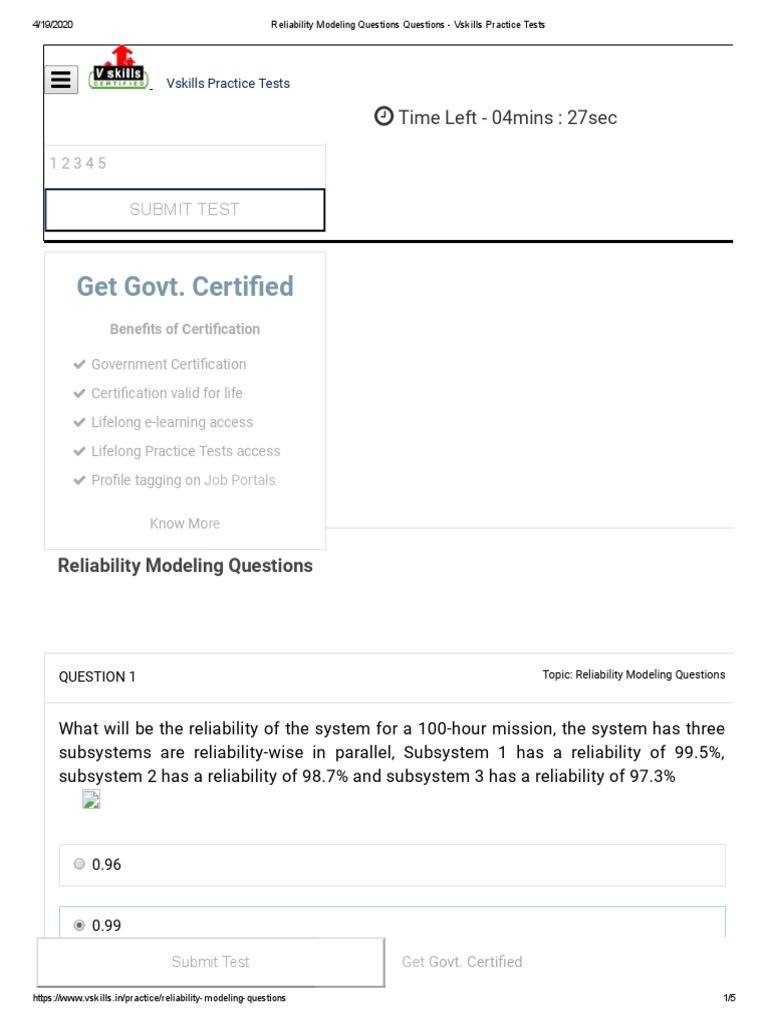 Reliability Modeling Questions Questions - Vskills Practice Tests PDF ...