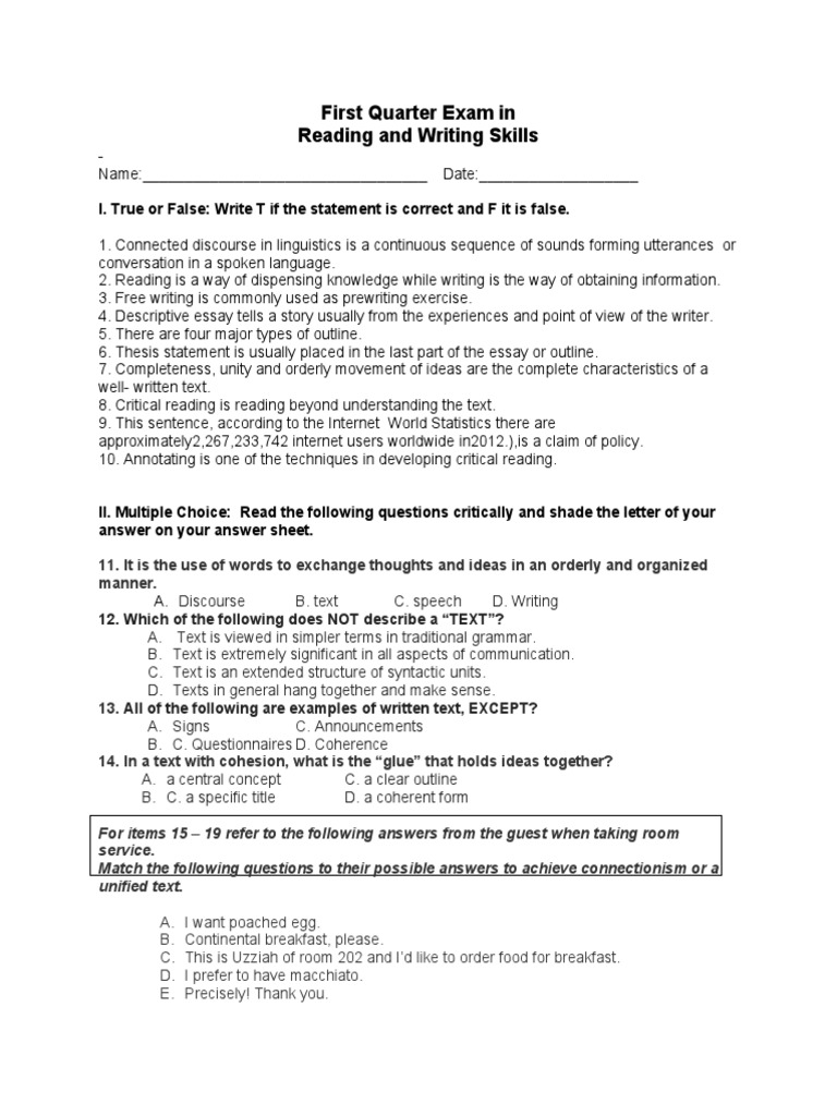 First Quarter Exam in Reading and Writing Skills PDF Essays Semiotics