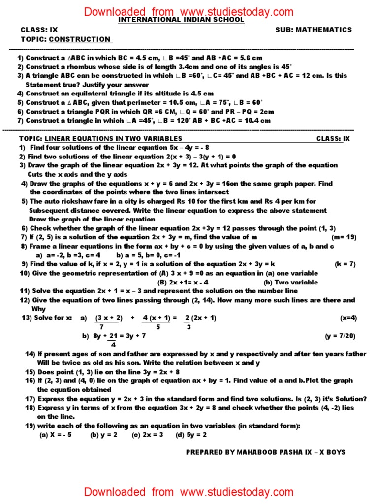 Construction Problems and Linear Equations in Two Variables A