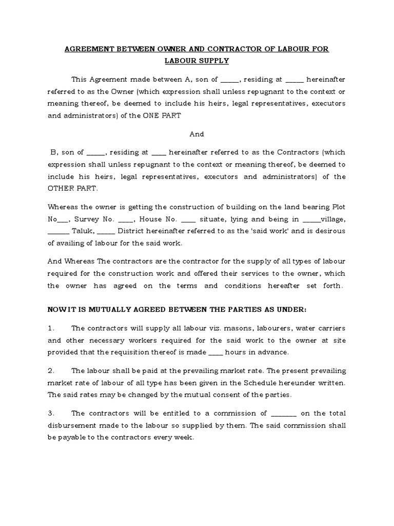 Agreement Between Owner and Contractor of Labour For Labour Supply 
