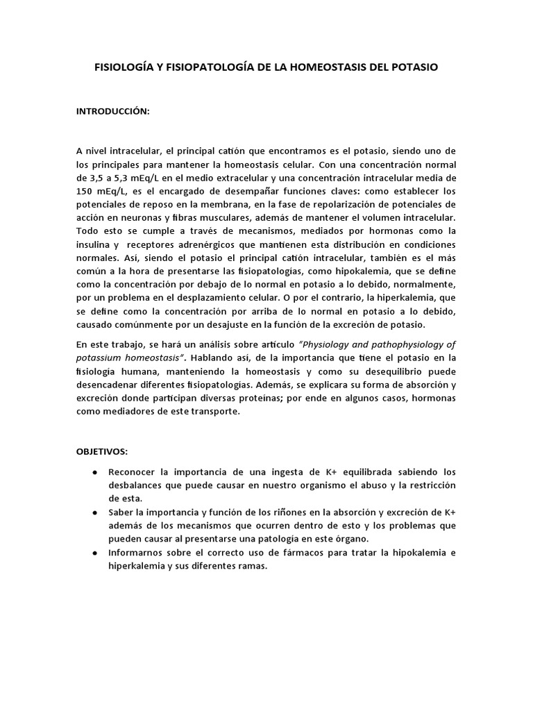 Homeostasis del Potasio en Fisiología | PDF | Riñón | Potasio
