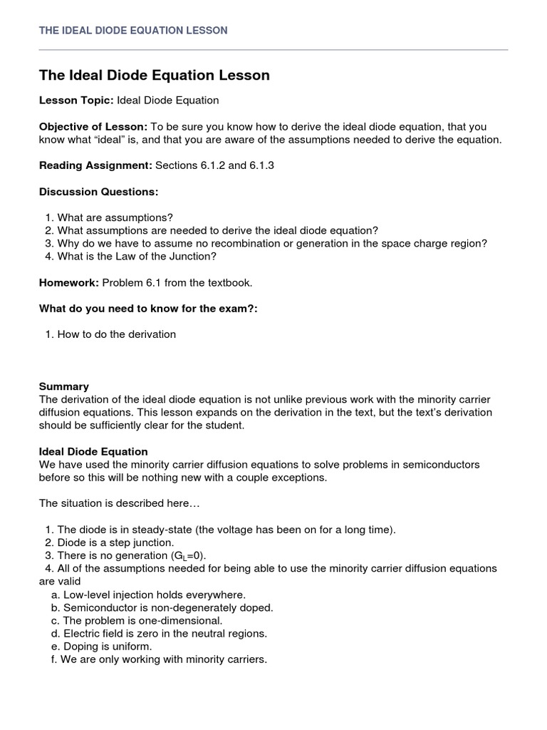 The Ideal Diode Equation Lesson | Download Free PDF | P–N Junction | Diode