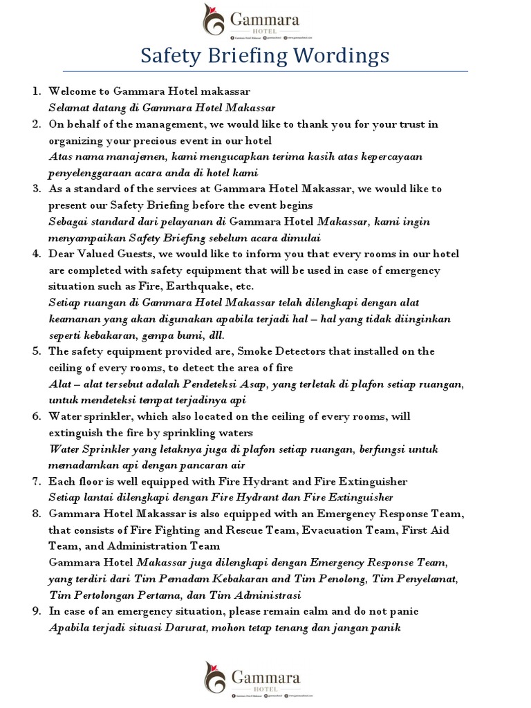 Hotel Safety Briefing Guide | PDF | Combustion | Firefighting