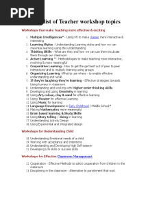 Detailed List of Teacher Workshop Topics