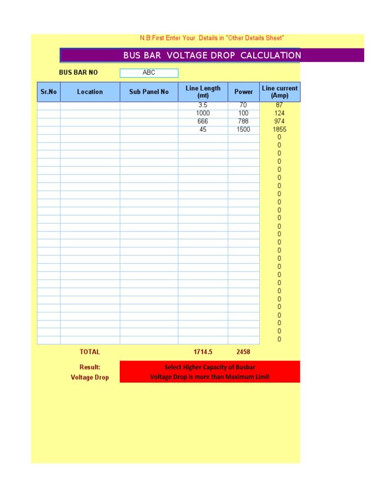 Bus Bar Voltage Drop Calculation: Bus Bar No SR - No Location Sub Panel ...