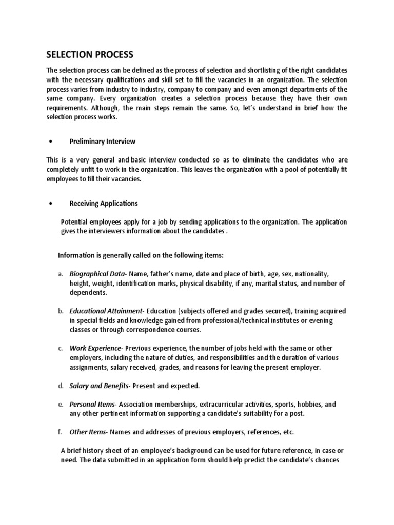 Selection Process: Preliminary Interview | PDF | Physical Examination ...