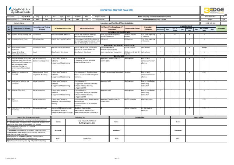 ITP for Floor Installation Compliance | PDF | Engineering | Business