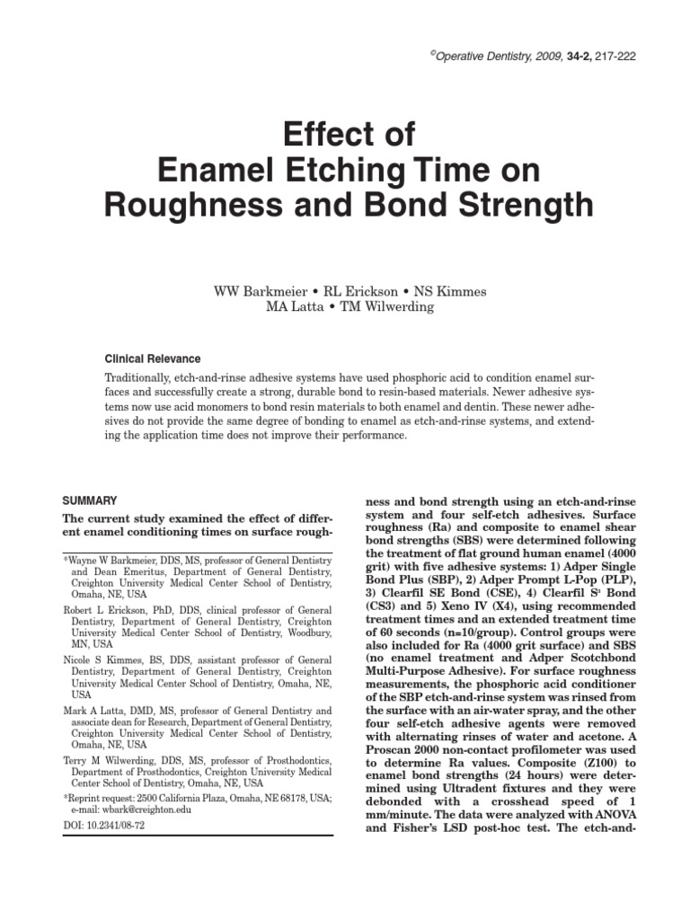 Effect of Enamel Etching Time On Roughness and Bond Strength | PDF ...