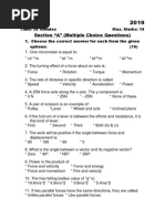 Physics 2019: Section "A" (Multiple Choice Questions)