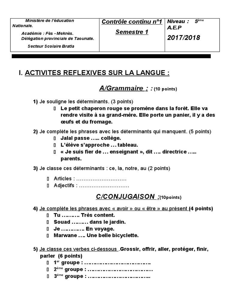 évaluation Français 5ème à Imprimer Devoir 1 Parlier 1 Francais 1trim 5aep | PDF | Communication humaine |  Grammaire