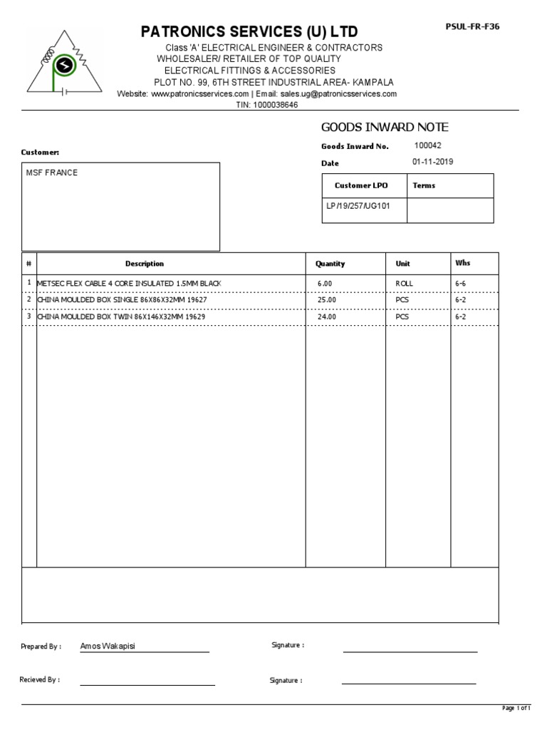 Goods Inward Note for MSF France | PDF