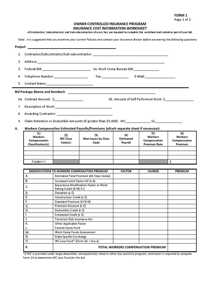 Project:: Form 1 Owner Controlled Insurance Program Insurance Cost ...