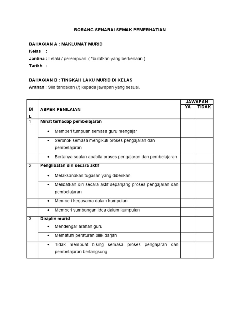 Borang Senarai Semak Pemerhatian Pdf