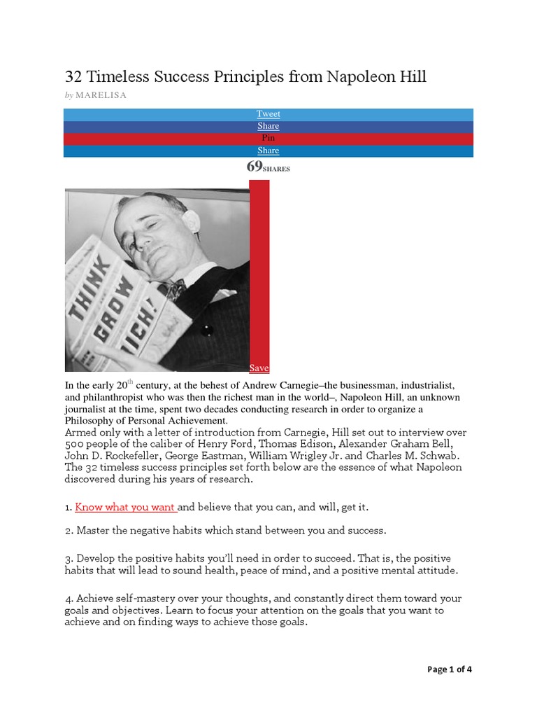 32 Timeless Success Principles From Napoleon Hill | PDF | Napoleon Hill ...