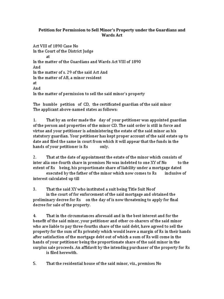 Petition For Permission To Sell Minors Property PDF Mortgage Law Debt