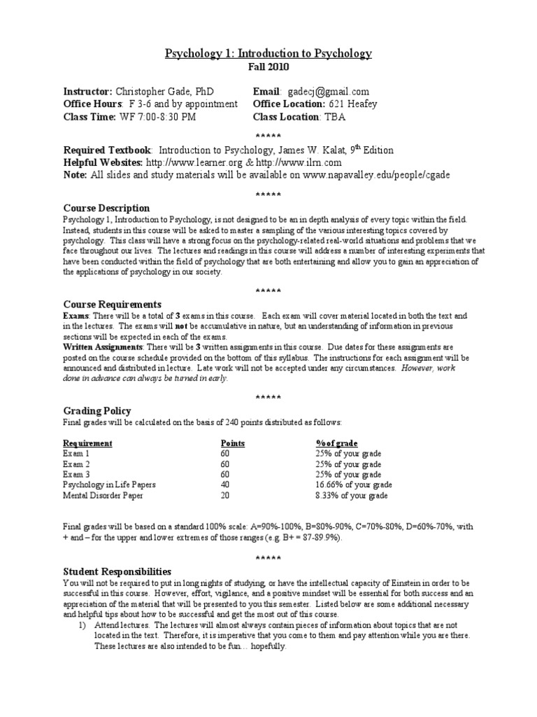 Intro to Psychology Syllabus | PDF | Test (Assessment) | Lecture